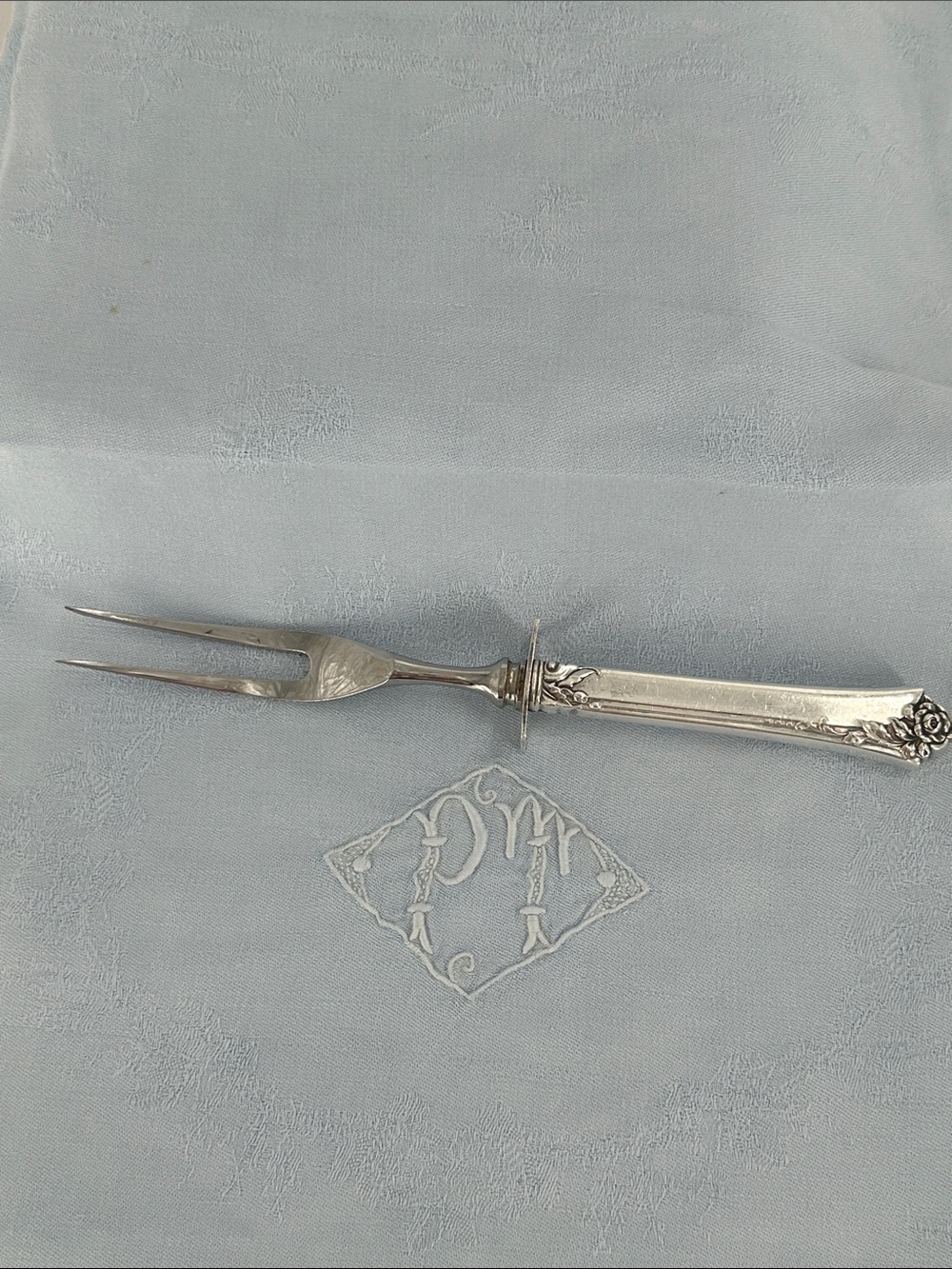 Damask Rose Sterling Silver Carving Fork. 8 7/8"